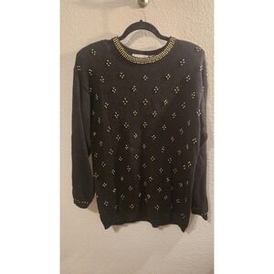 Baxter & Wells Ugly Christmas Sweater gold bead knit top small vintage 80s